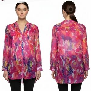 Soft Surroundings Pink Floral Semi Sheer Relax Summer Beach Cruise Chic Top Sz M